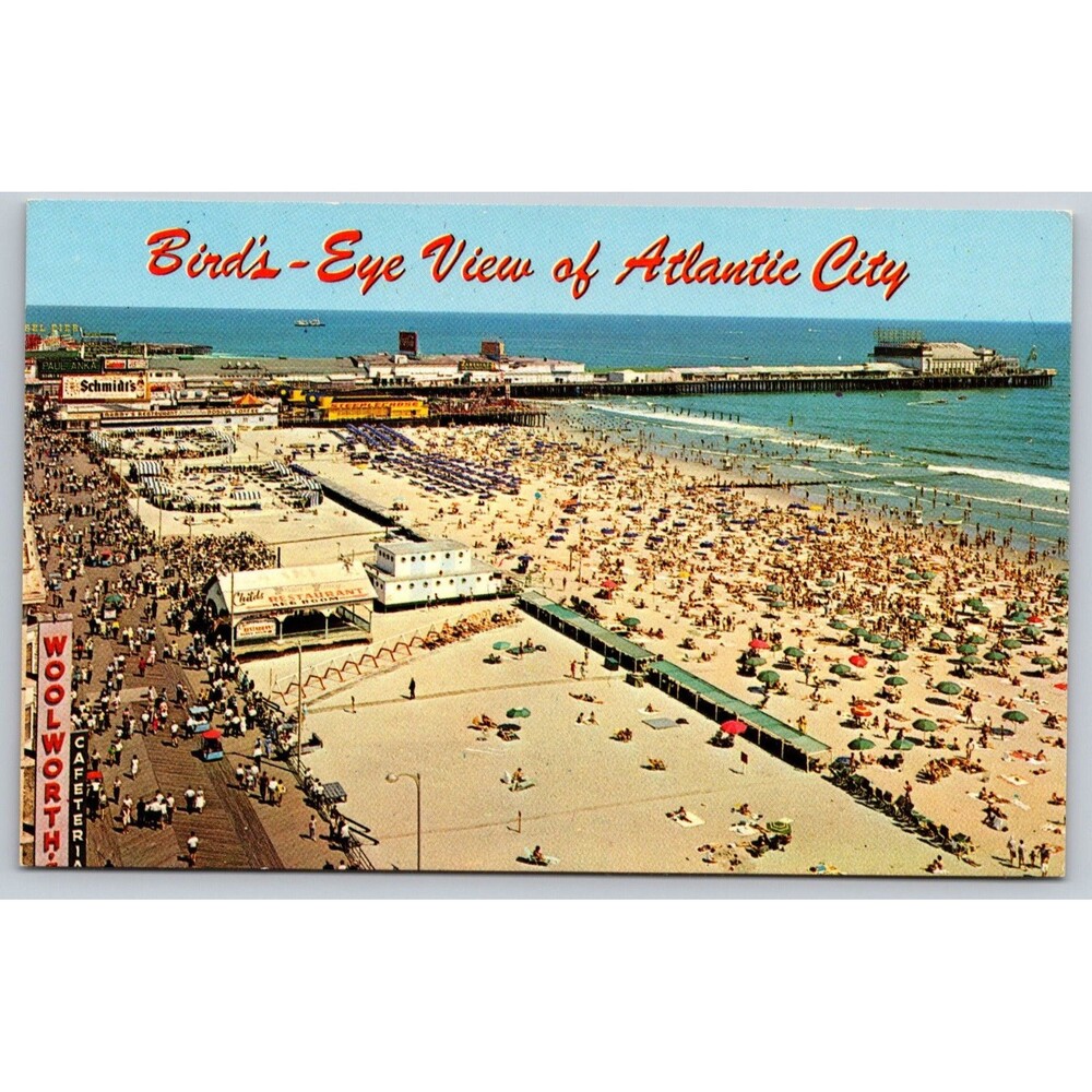 Vtg Postcard Atlantic City NJ Birds Eye View Beech Woolworths Steeplechase Pier